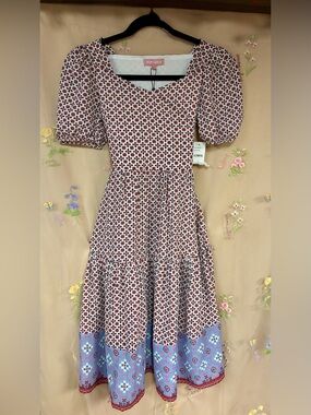 BCBGirls White and Red Floral Midi Dress with Blue Border
